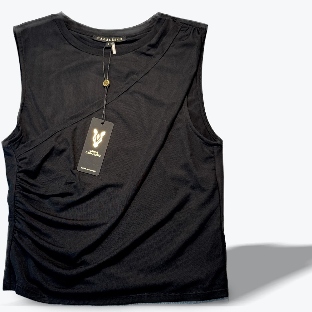 Carla Caballero Devi Top Black Mesh Ruched Sleeveless Draped Tank Small NWT NEW